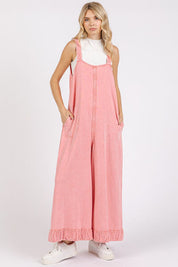 Mittoshop Ruffled Hem Wide Leg Overalls with Pockets Watermelon pink Overalls