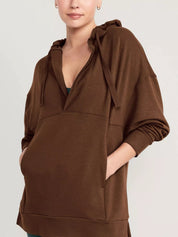 Brown Drawstring Kangaroo Pocket Long Sleeve Hoodie | Hoodies Daverri Fashions