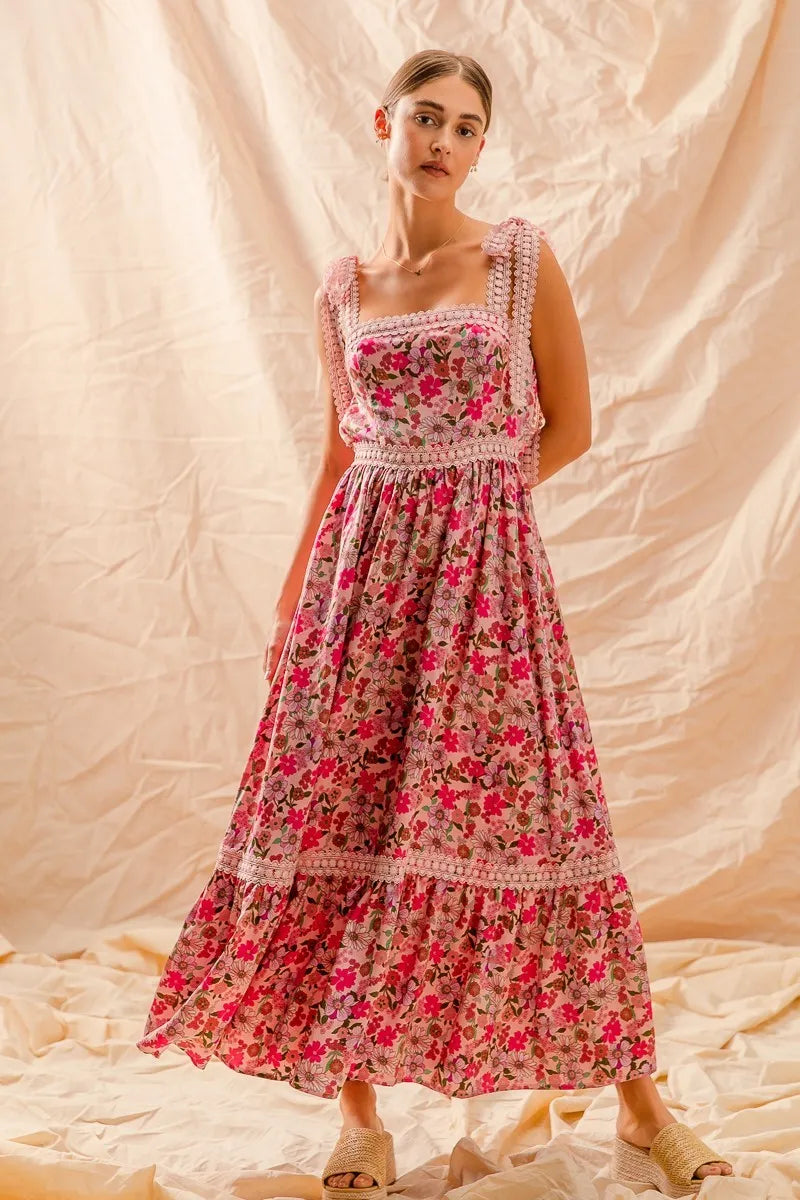 SO ME floral maxi dress with ribbon tie lace straps, pink floral print