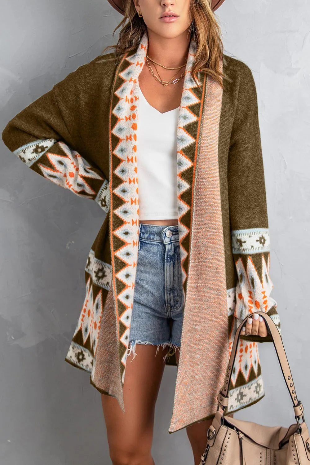 Geometric Open Front Long Sleeve Cardigan | Cardigans Daverri Fashions