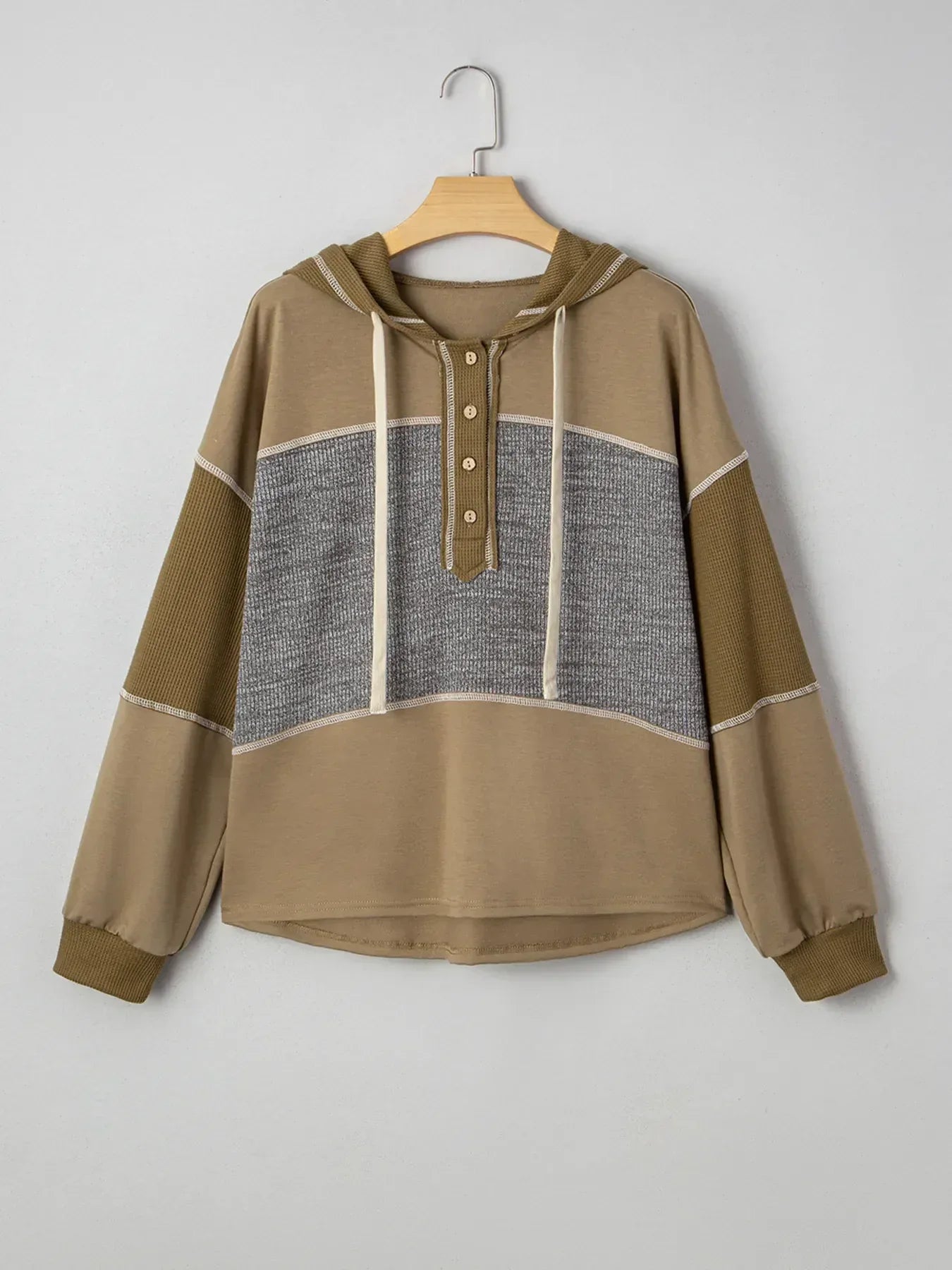 Mixed Texture Patchwork Exposed Seam Half Button Hoodie - DAVERRI FASHIONS