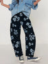 Printed wide leg jeans in dark denim with light blue floral pattern