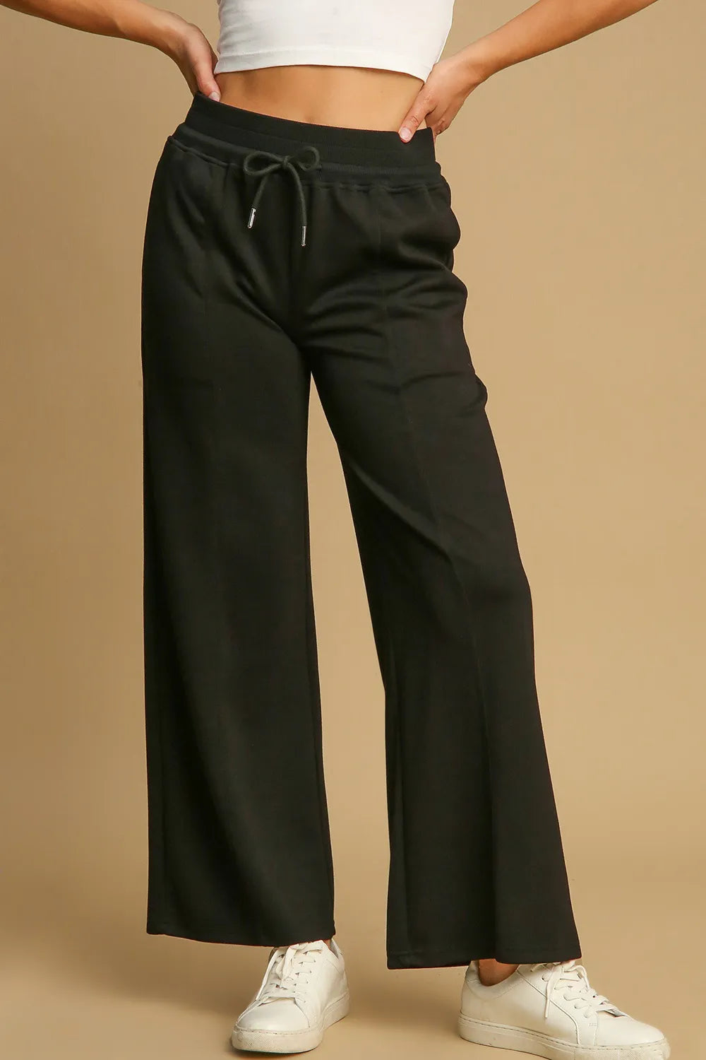 Umgee Drawstring Wide Leg Pants with Pockets Black