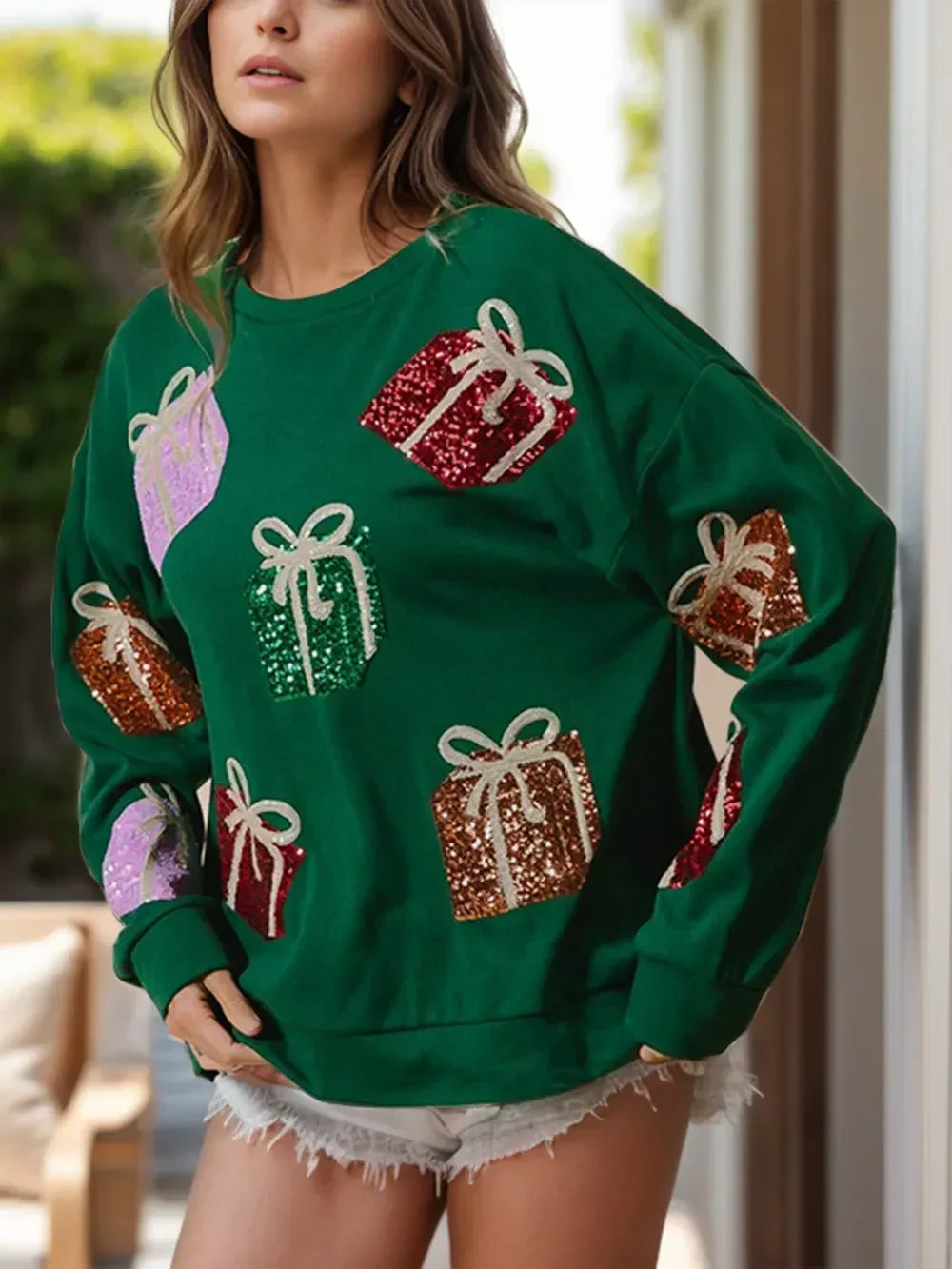 Sequin Gift Box Long Sleeve Sweatshirt - DAVERRI FASHIONS
