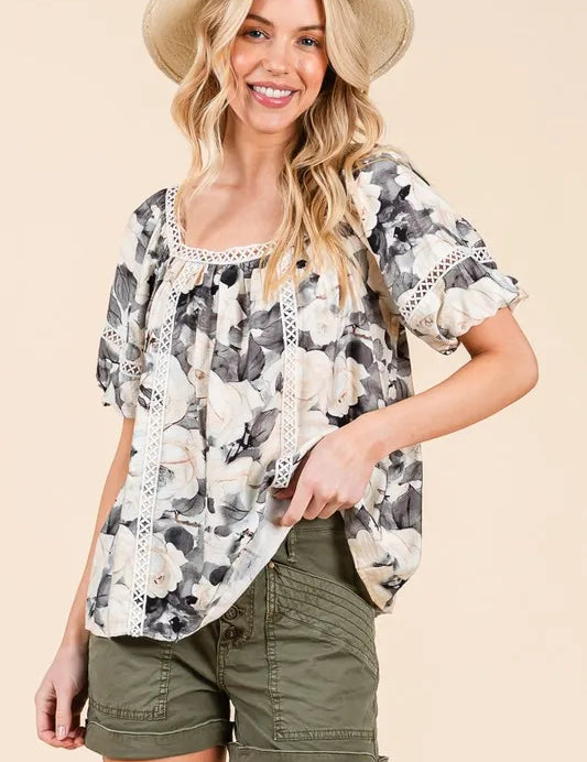 BLACK COMBO Lime 'N' Chili Floral Print Lace Trim Puff Sleeve Blouse | Daverri Fashions