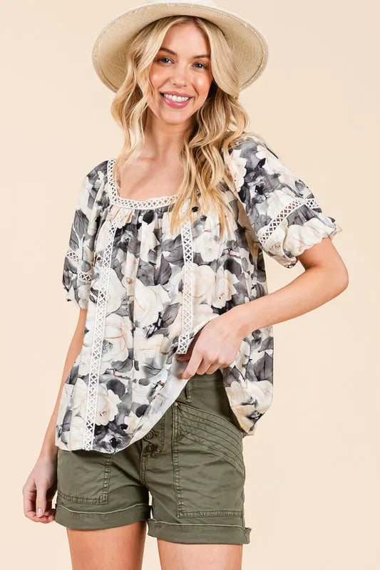 Lime 'N' Chili Floral Print Lace Trim Puff Sleeve Blouse BLACK COMBO