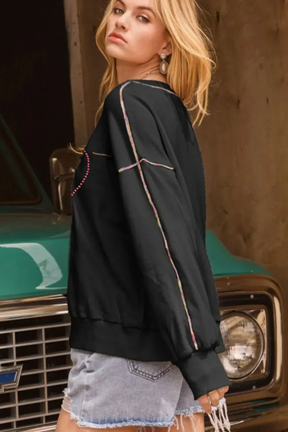 Valentine’s Day Rhinestone Heart Round Neck Long Sleeve Sweatshirt - DAVERRI FASHIONS