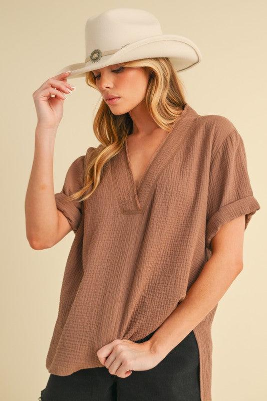 Aemi + Co Caramel Side Slit V-Neck Short Sleeve Blouse Blouses