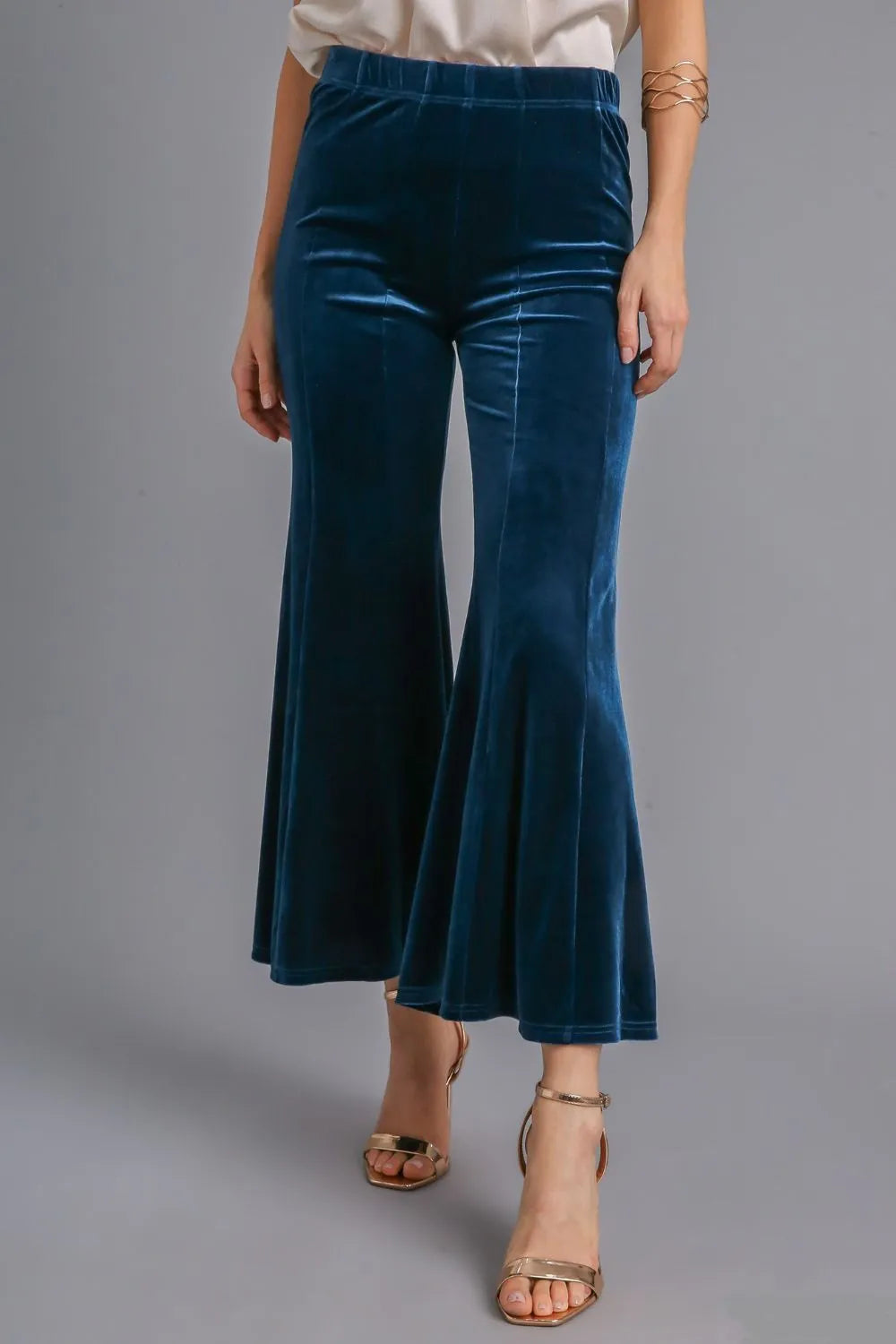 Umgee High Rise Elastic Waist Flare Pants Peacock Blue