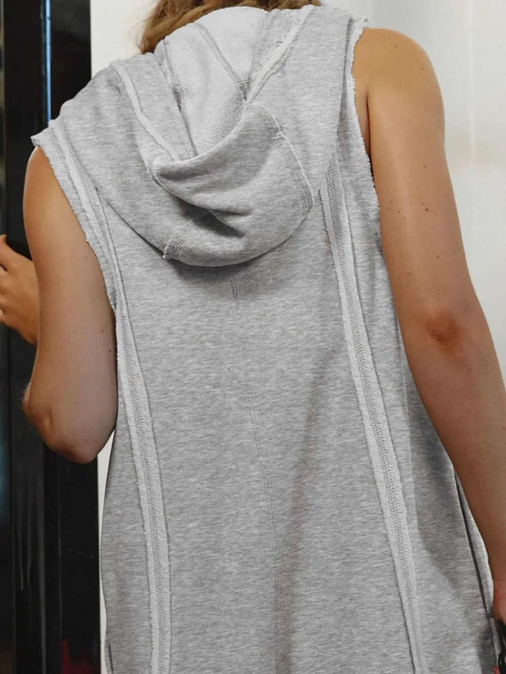 Gray sleeveless Half Zipped Hooded Romper hoodie with hood and seams