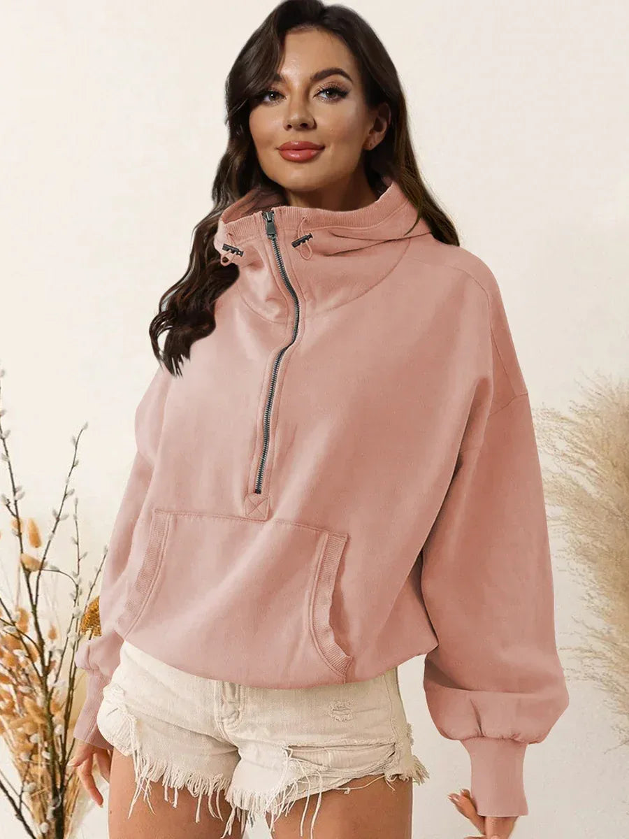 Zip-Up Dropped Shoulder Hoodie - DAVERRI FASHIONS