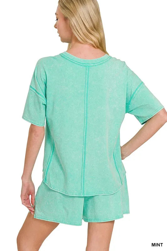 Zenana Acid Washed Short Sleeve Tee & Shorts Set Outfit Sets