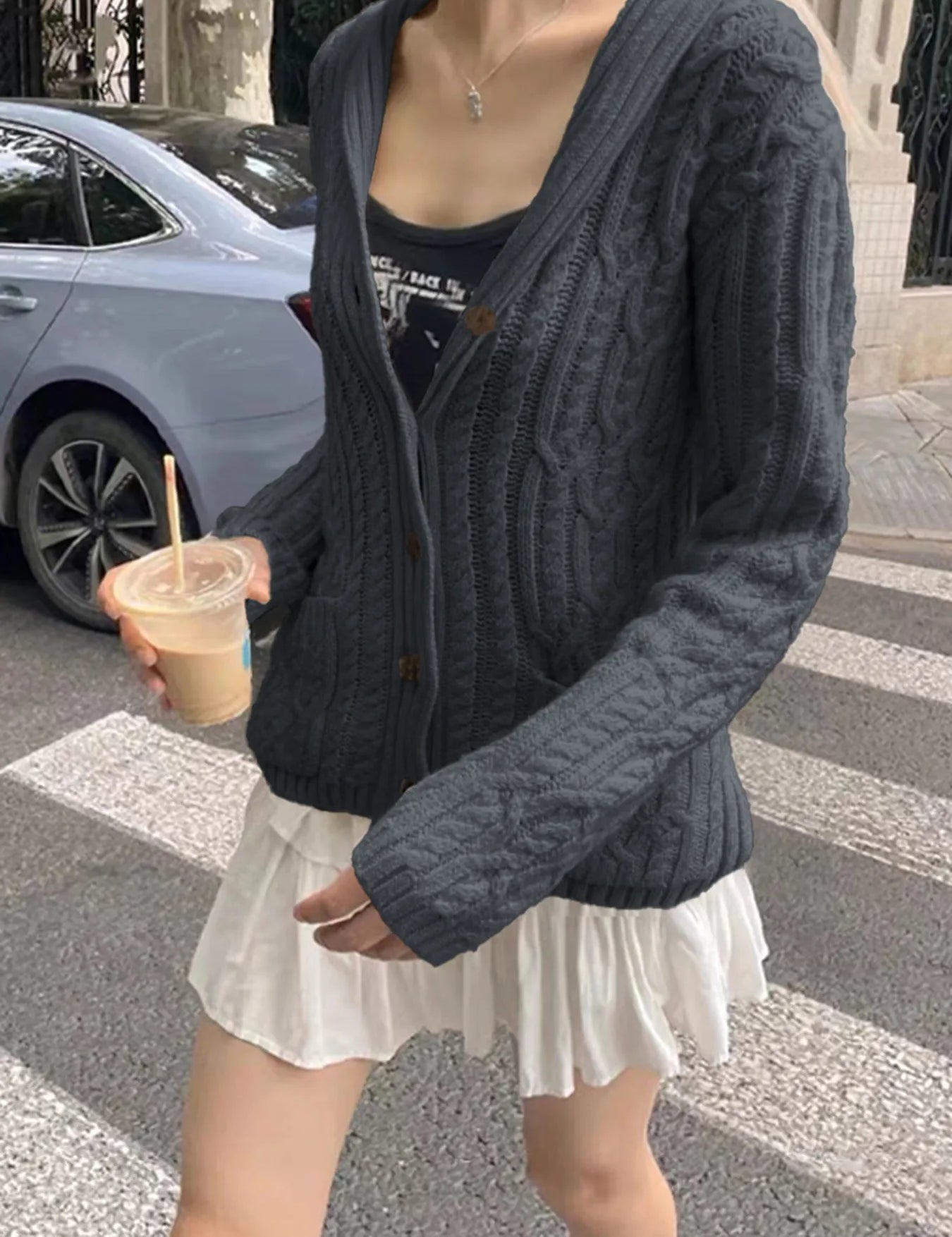 Dark Gray Cable Knit Button Up Cardigan | Cardigans Daverri Fashions