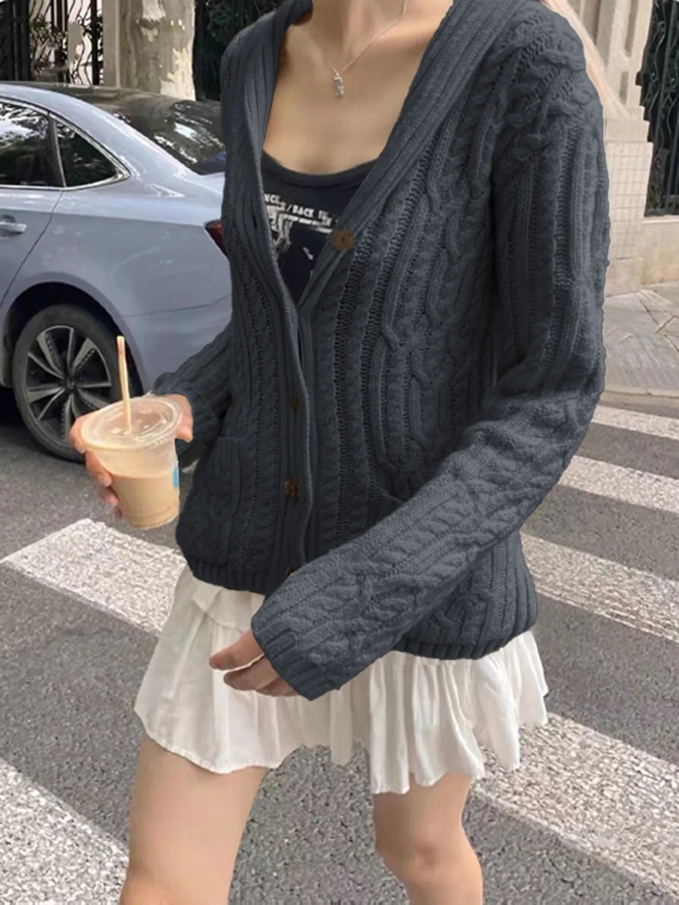 Dark Gray Cable Knit Button Up Cardigan | Cardigans Daverri Fashions