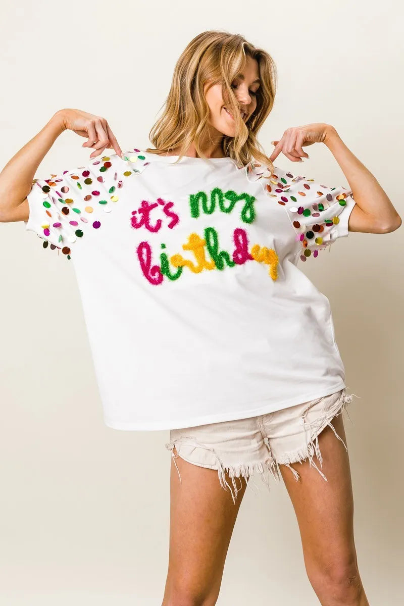 BiBi Metallic Letter Spangle Raglan Puff Sleeve Top Tops