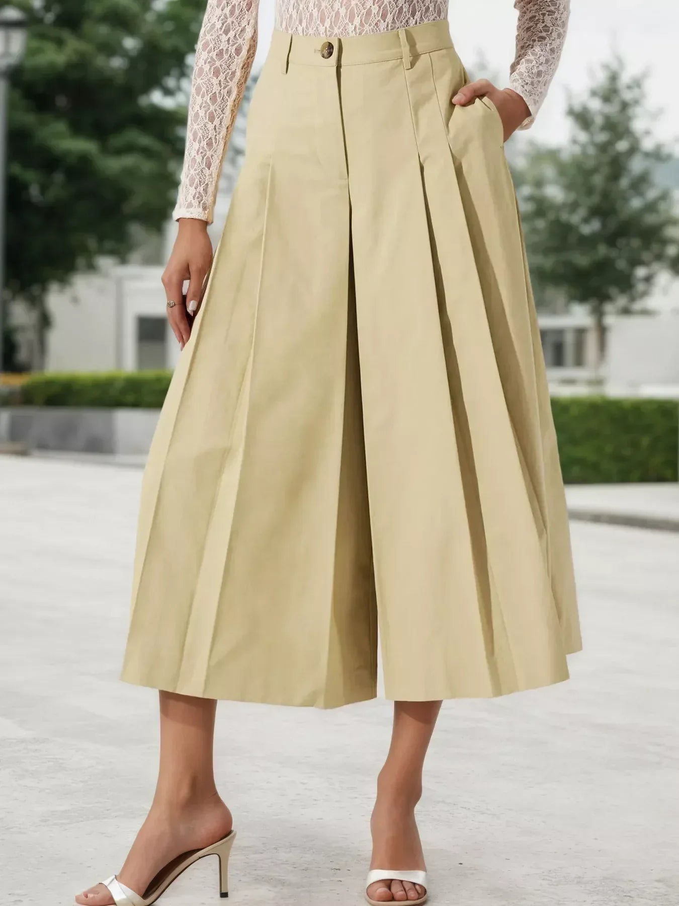 High-Waisted Pleated Wide-Leg Cropped Pants - DAVERRI FASHIONS
