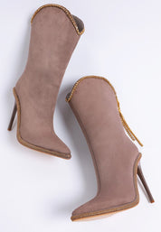 Taupe Ashipa Diamante Chain Detail Calf Boots | Boots Daverri Fashions