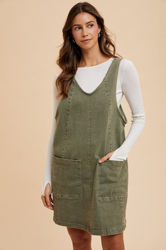 Annie Wear V-Neck Adjustable Strap Denim Overall Dress with Pockets Army Green