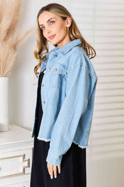 Double Take Dropped Shoulder Raw Hem Denim Jacket Jackets