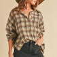Aemi + Co Side Slit High-Low Plaid Long Sleeve Polo Shirt Shirts