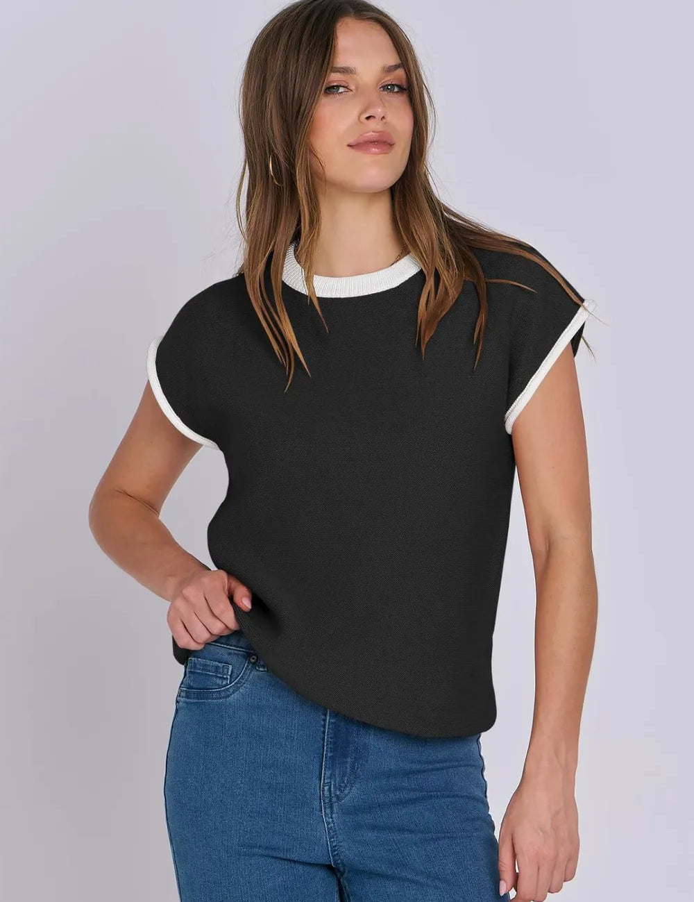 Contrast Round Neck Cap Sleeve Sweater | Sweaters Daverri Fashions