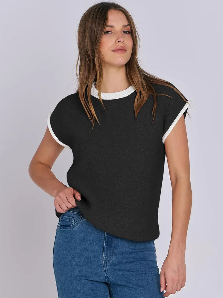 Contrast Round Neck Cap Sleeve Sweater | Sweaters Daverri Fashions