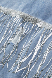 Sequin Fringe Trim Distressed Button Up Denim Jacket | Denim Jackets Daverri Fashions