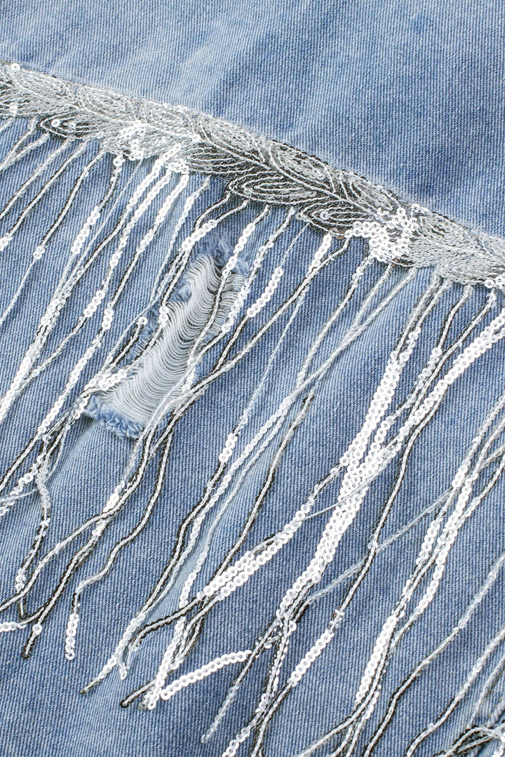 Sequin Fringe Trim Distressed Button Up Denim Jacket | Denim Jackets Daverri Fashions