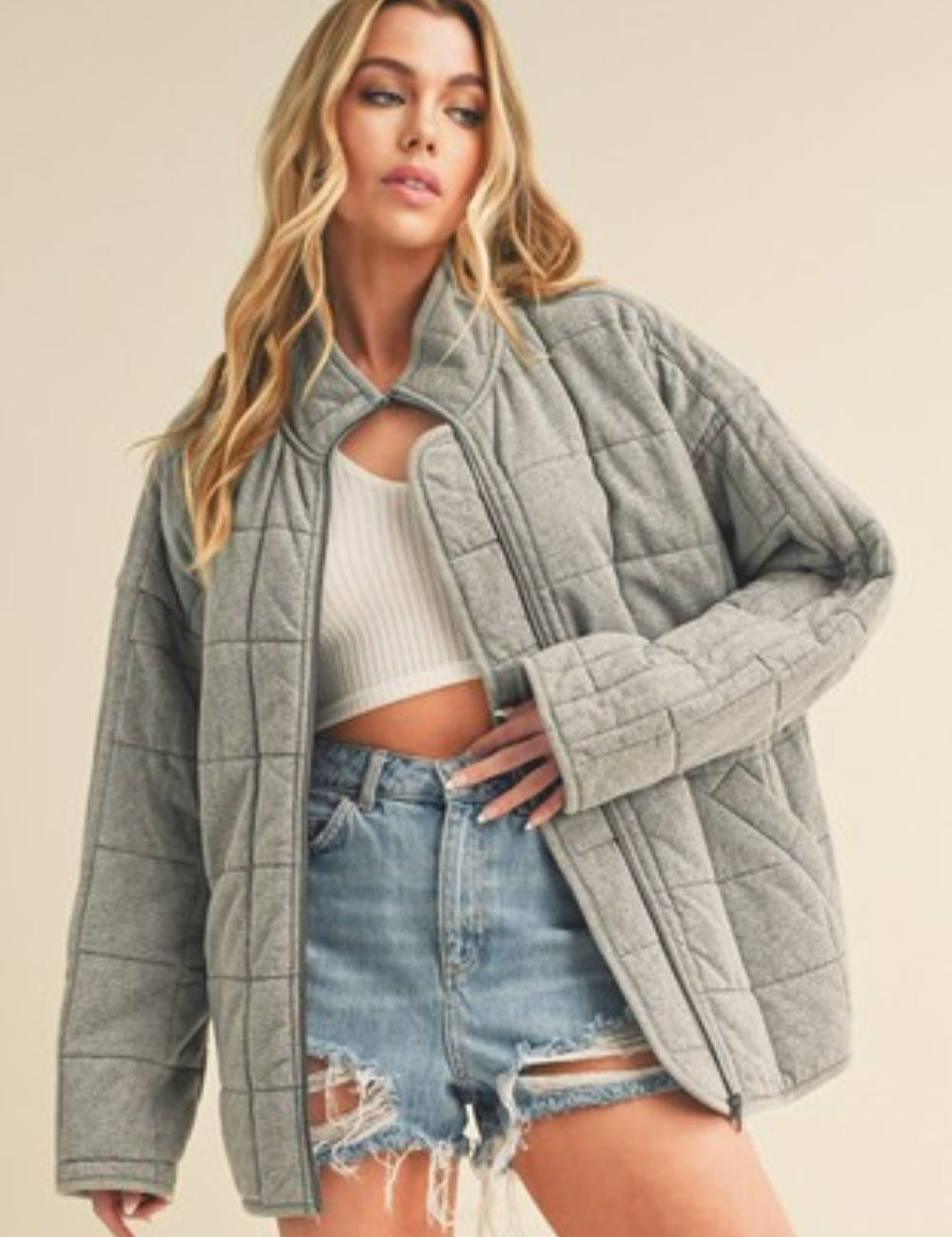 Aemi + Co Zip Up Drop Shoulder Quilted Washed Jacket Gray