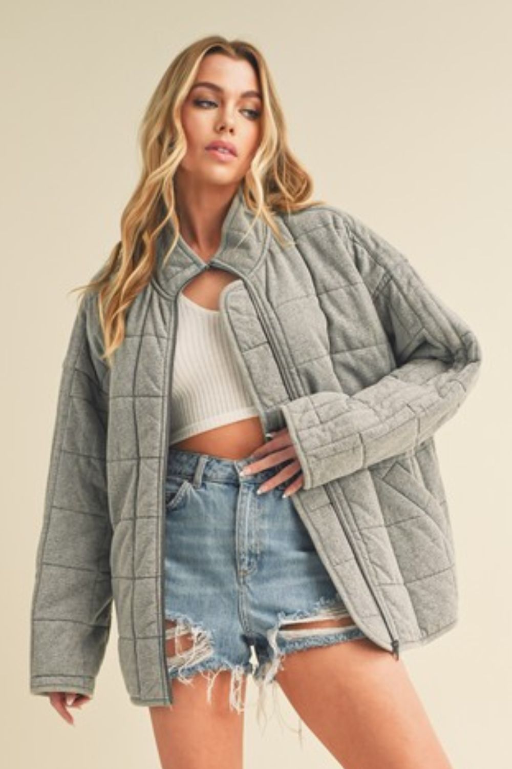 Aemi + Co Zip Up Drop Shoulder Quilted Washed Jacket Gray