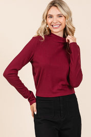 Mittoshop Mock Neck Rib Knit Long Sleeve Crop Top Wine