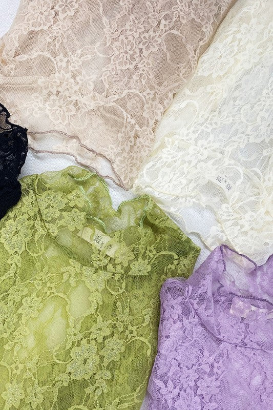 Jade by Jane floral print long sleeve lace mesh top in pastel shades