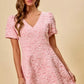 SO ME floral jacquard fit and flare mini dress in pink lace with V-neck and puffed sleeves