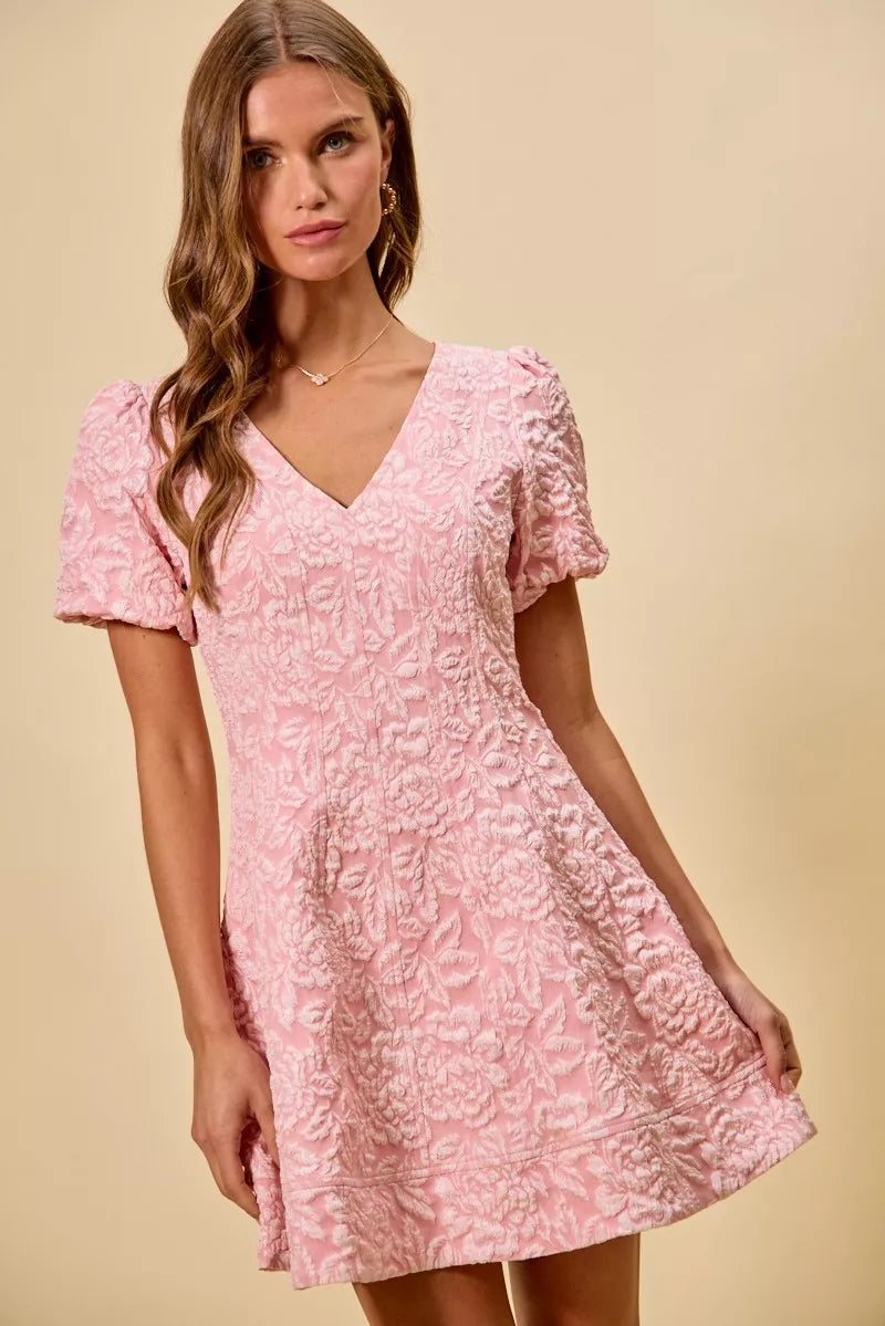 SO ME floral jacquard fit and flare mini dress in pink lace with V-neck and puffed sleeves