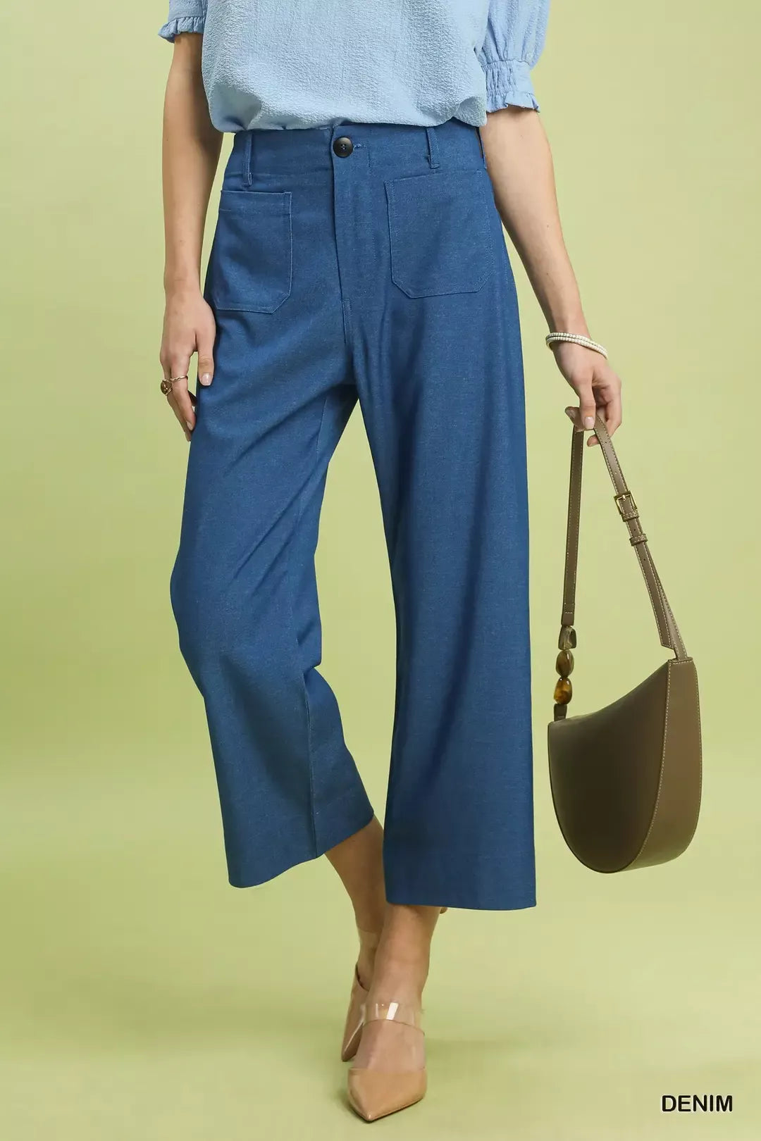 Umgee blue denim wide leg crop pants with straight cut and front pockets