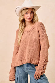BiBi Chunky Knit Sweater with Flower Detail Sleeves | Sweaters Daverri Fashions
