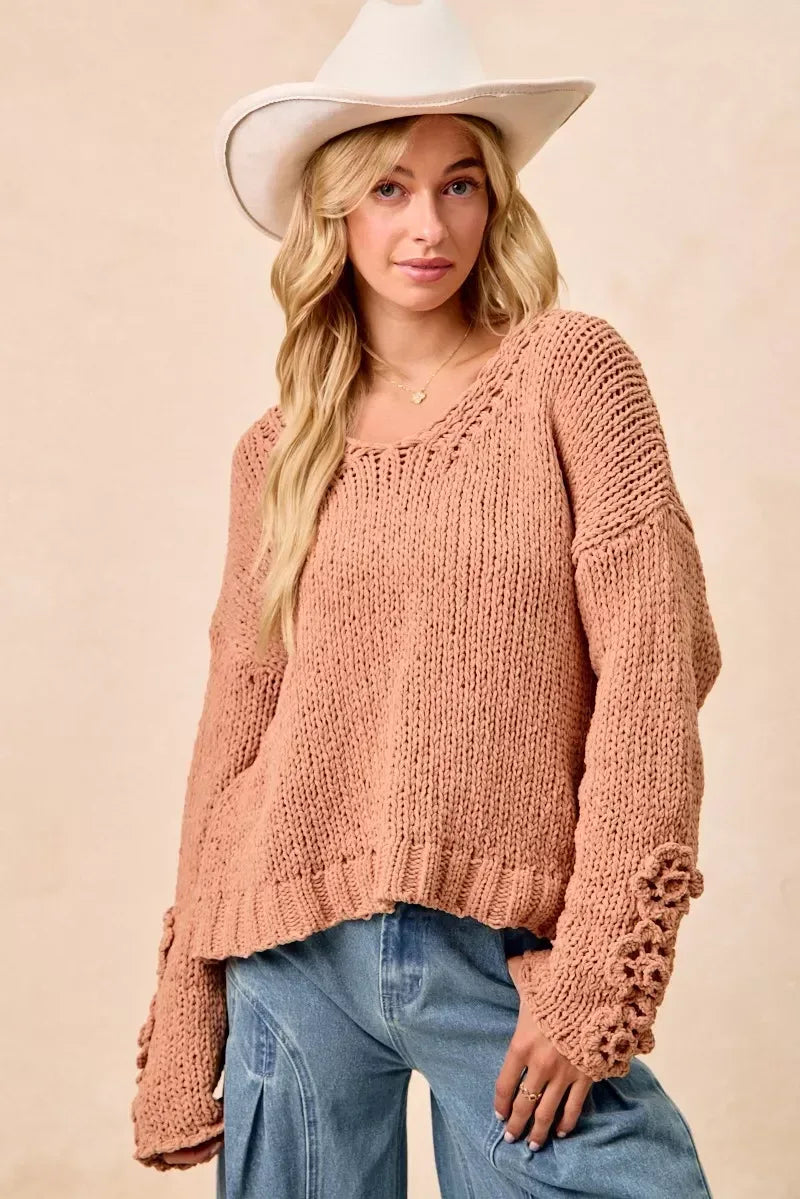 BiBi Chunky Knit Sweater with Flower Detail Sleeves - DAVERRI FASHIONS