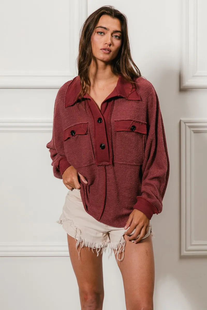 BiBi Cp French Terry Cut Edge Detail Collared Top | Tops Daverri Fashions