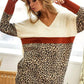 BiBi Waffle Knit Leopard Color Block V-Neck Top Tops