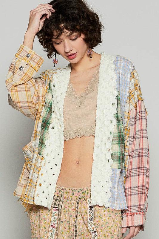 POL Raw Edge Plaid Open Front Cardigan Cardigans