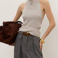 Back view of sleek ribbed gray Backless Turtleneck Sweater Tank halter top