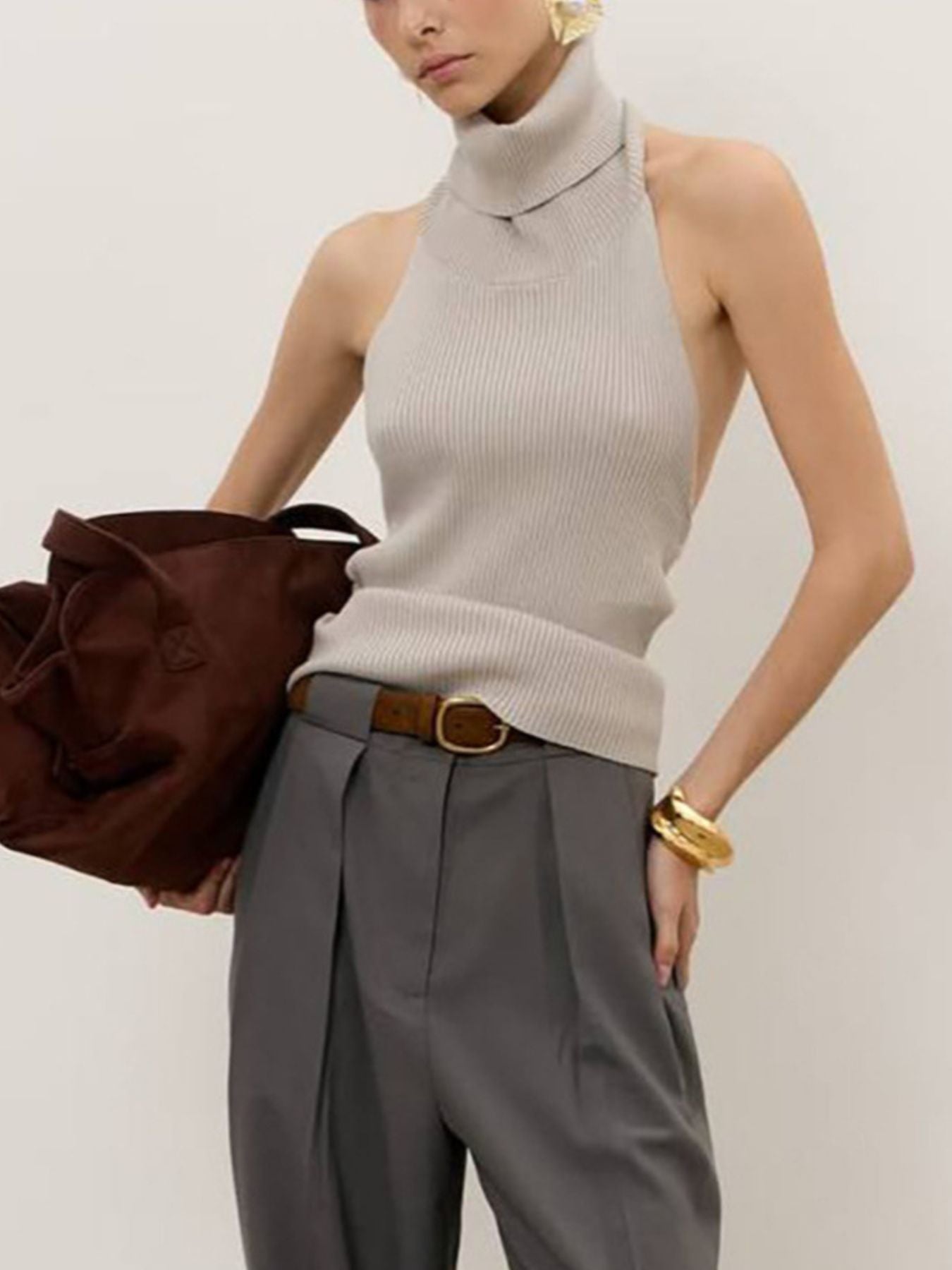 Back view of sleek ribbed gray Backless Turtleneck Sweater Tank halter top