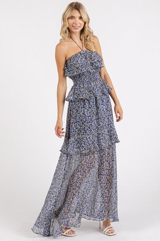 Mittoshop Ruffled Smocked Floral Halter Neck Maxi Dress - DAVERRI FASHIONS
