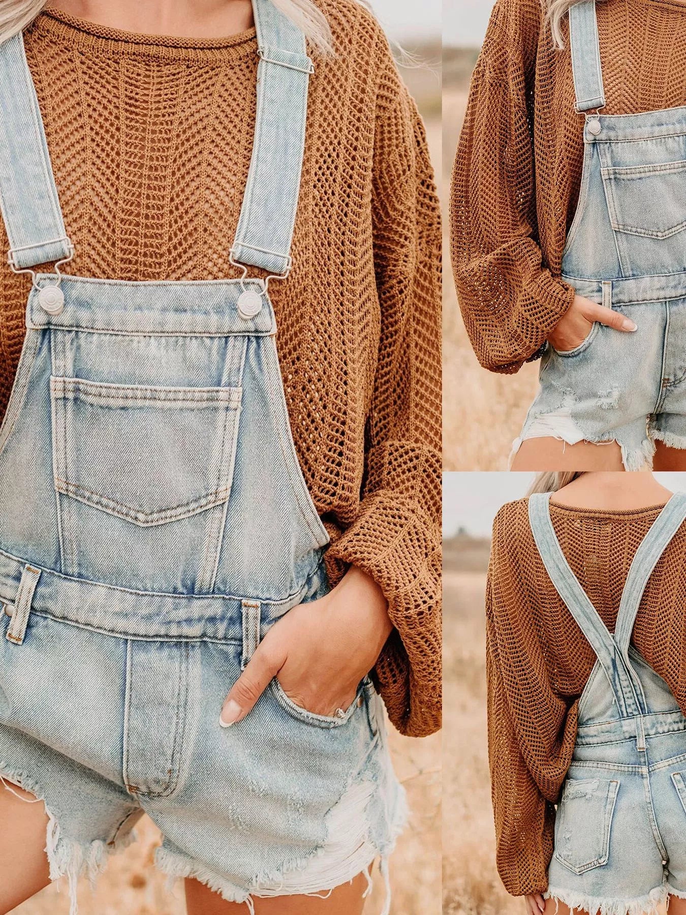Distressed denim overalls shorts in light-wash with frayed hem and adjustable straps