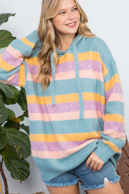 Plus Striped Loose Fit Pullover Hoodie Sweater Blue 1X 2X Tops