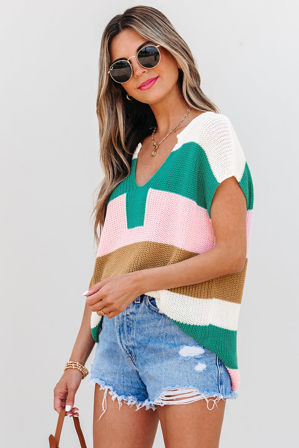 Color Block Notch V Neck Knit Sweater | Sweaters Daverri Fashions