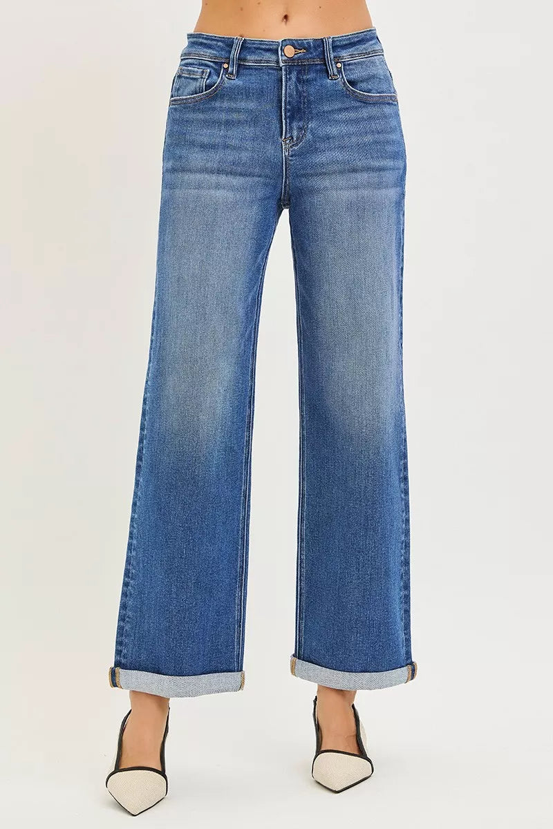 High-waisted blue wide-leg denim jeans with rolled cuffs by RISEN