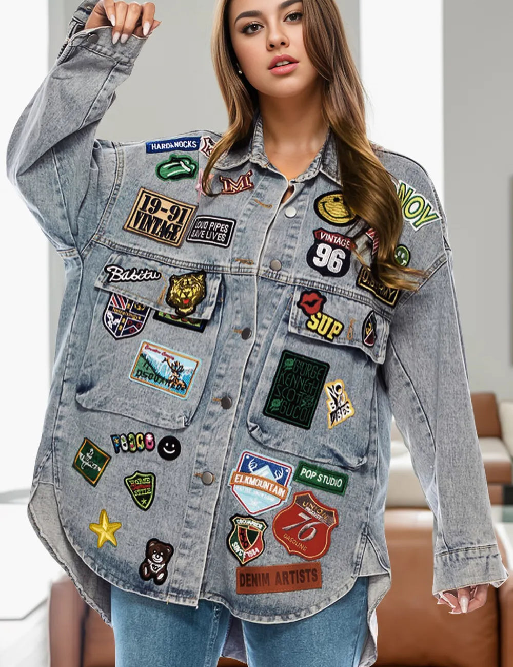 Medium Embroidered Patch Button Up Long Sleeve Denim Jacket | Denim Jackets Daverri Fashions