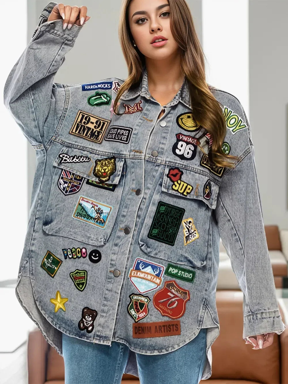 Embroidered Patch Button Up Long Sleeve Denim Jacket - DAVERRI FASHIONS