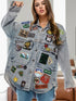 Embroidered Patch Button Up Long Sleeve Denim Jacket - DAVERRI FASHIONS